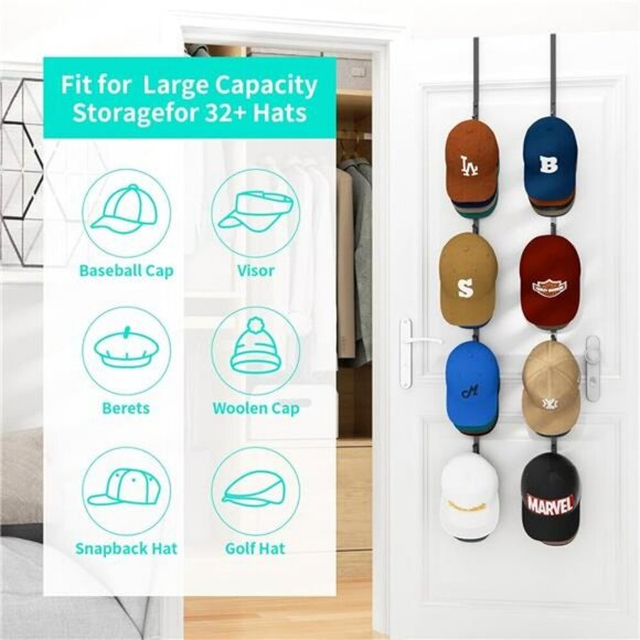 Over Door Hat Rack Hanging Cap Organizer Holds 40 Baseball Caps with Hooks - Picture 3 of 7
